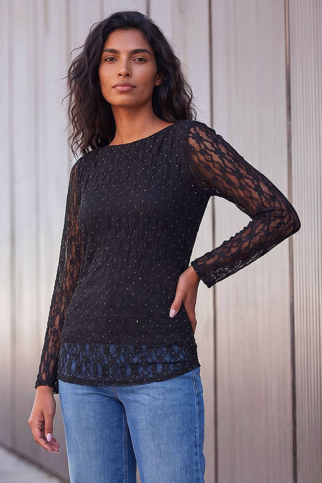 Roman Lace Ruched Top - Black