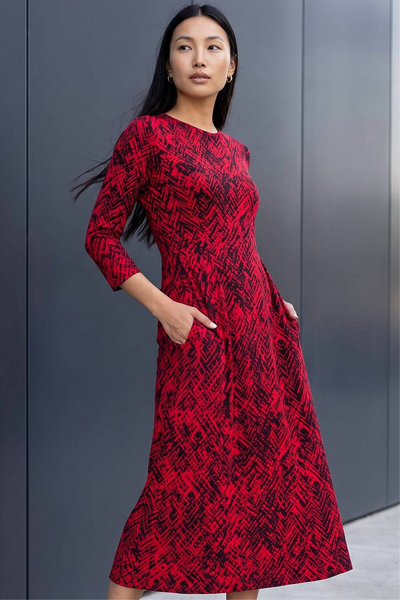 Roman Abstract Side Ruched Midi Dress - Red