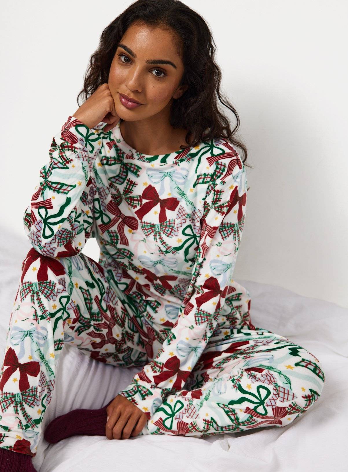 Tu Cream Festive Bow Slinky Pyjamas