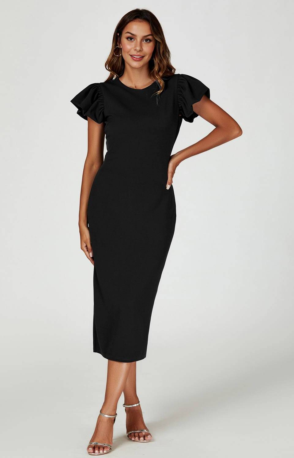 FS Collection Ruffle Sleeve Bodycon Midi Dress - Black