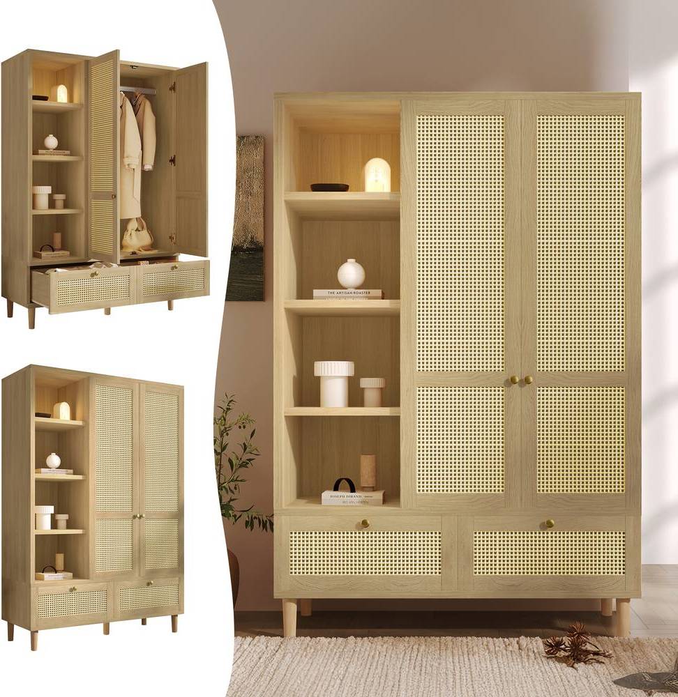 Merax Oak Rattan Effect Wardrobe Wardrobe