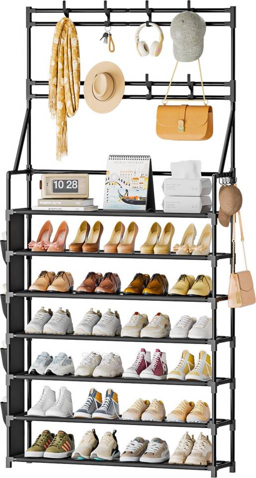 OYREL 7 Tier Shoe Rack with 8 Hooks and Side Pockets Shoe Rack