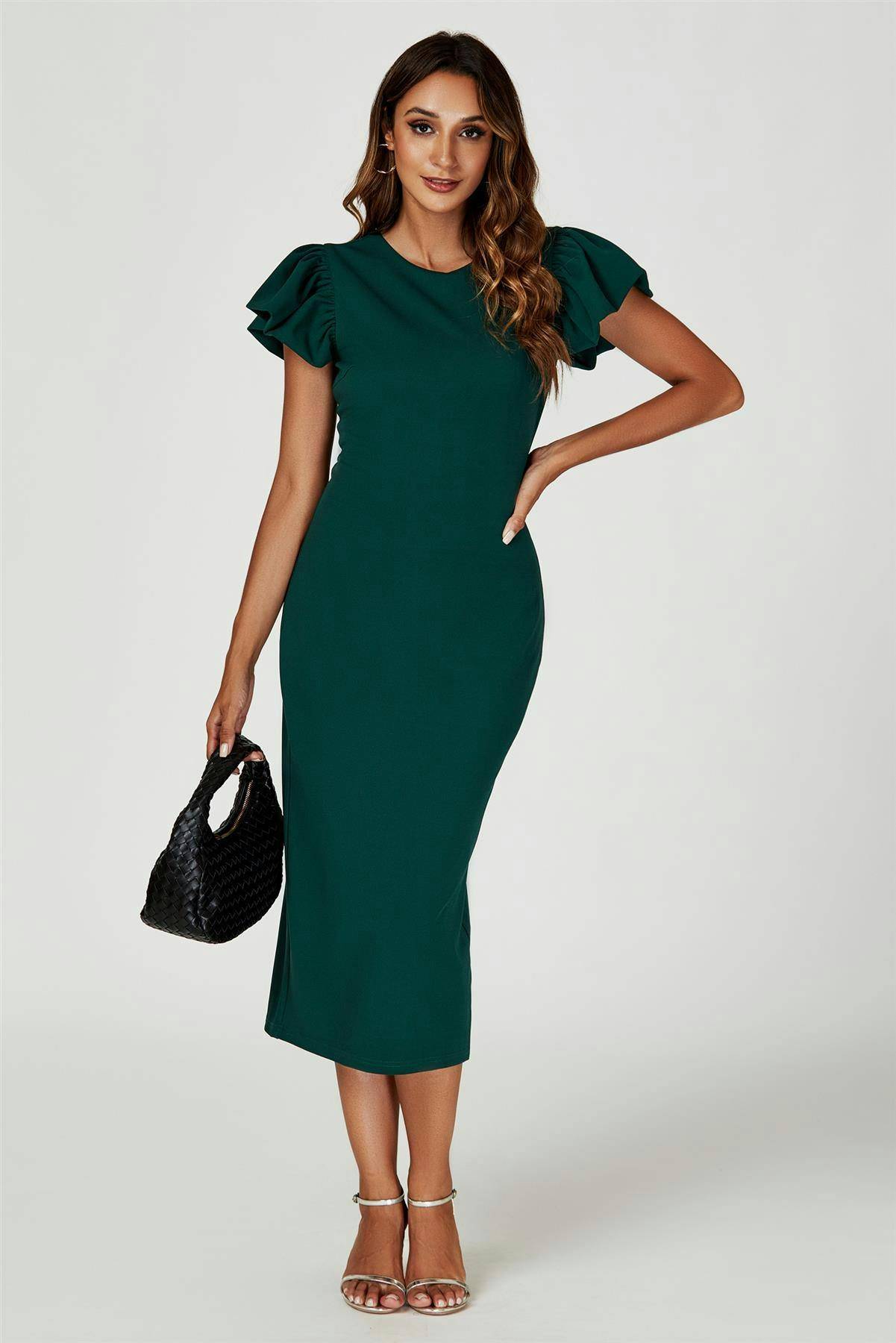 FS Collection Ruffle Sleeve Bodycon Midi Dress - Green