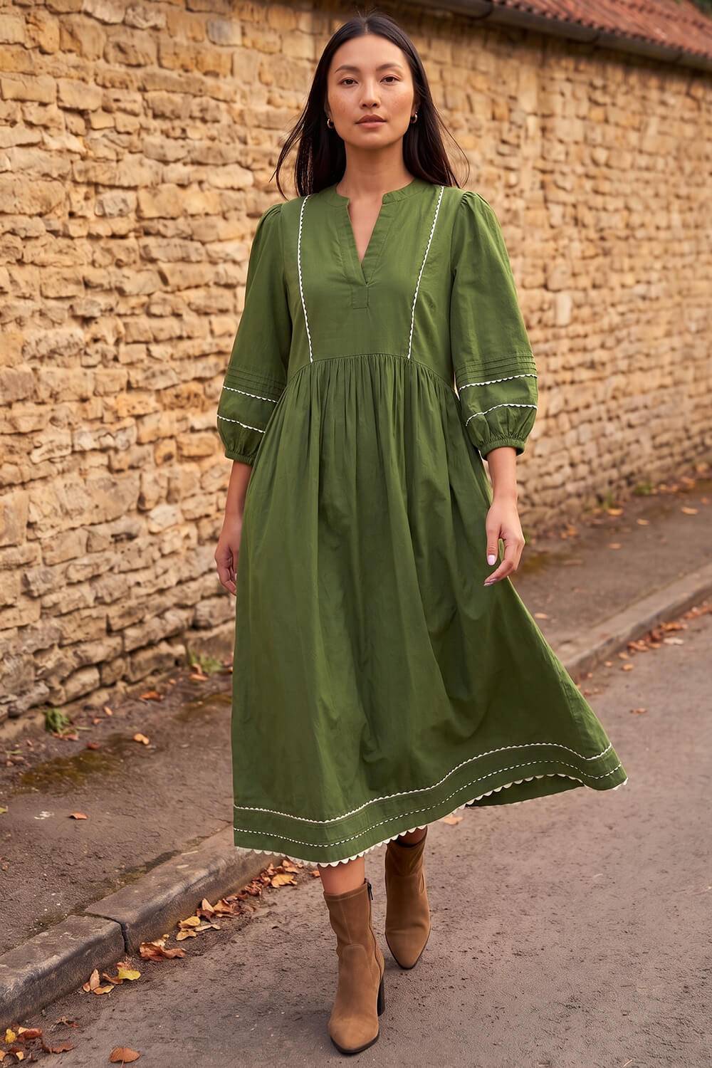 Roman Ric Rac Collared Midi Dress - Green