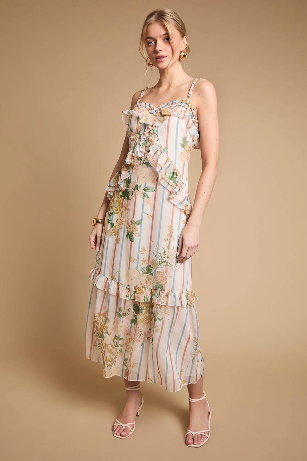 Oasis Rope Detail Neckline Ruffle Cami Midaxi Dress - White