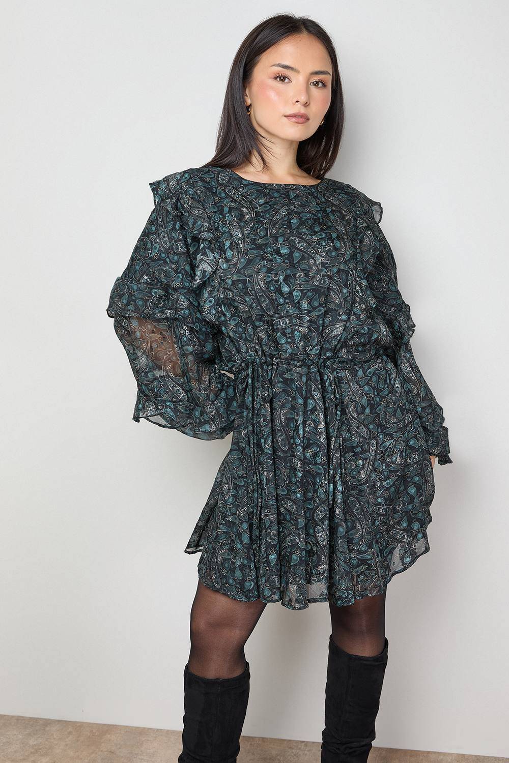 Oasis Printed Ruffle Batwing Sleeve Mini Dress - Multicolor