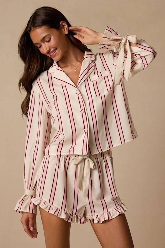Lulus Cream Striped Satin Ruffled Two-Piece Pajama Set