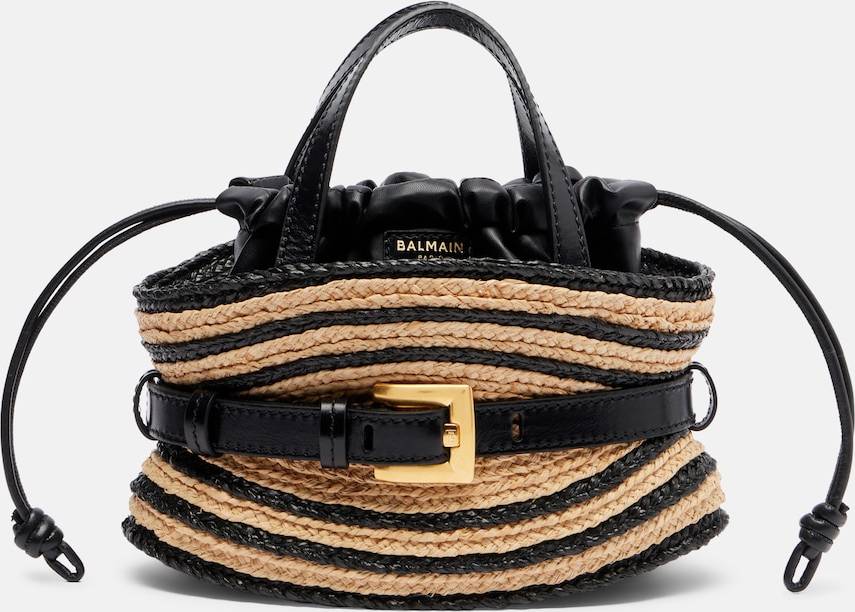 Balmain Raffia-Effect Striped Top-Handle Bag