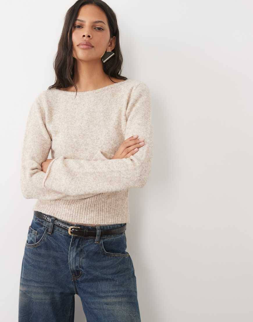 ASOS DESIGN Slash Neck Waisted Ribbed Jumper - Oatmeal Neutral