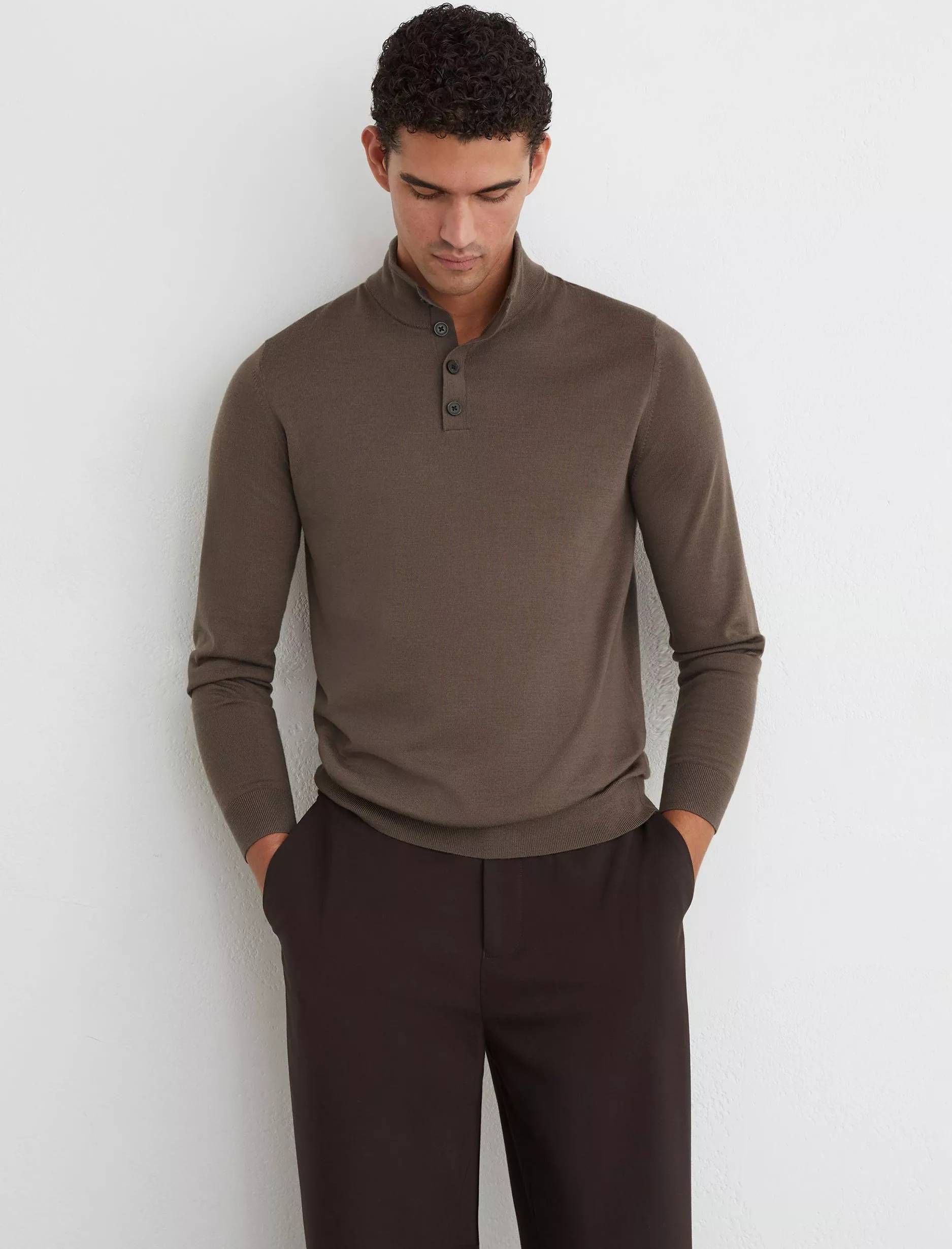 Reiss Ridge Brown Merino Wool Half-button Jumper - Ridge Brown