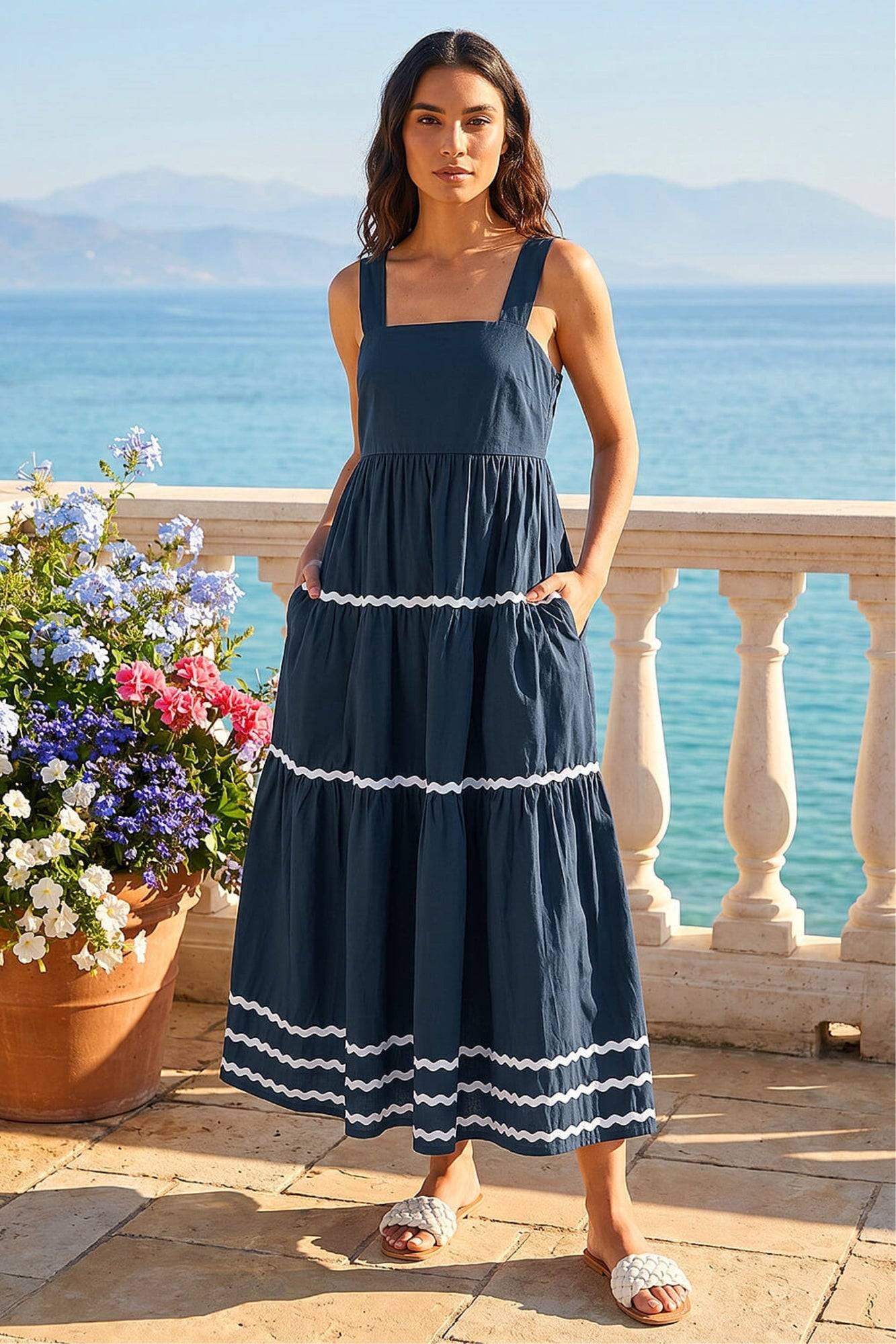 Roman Ric Rac Tiered Midi Dress - Navy