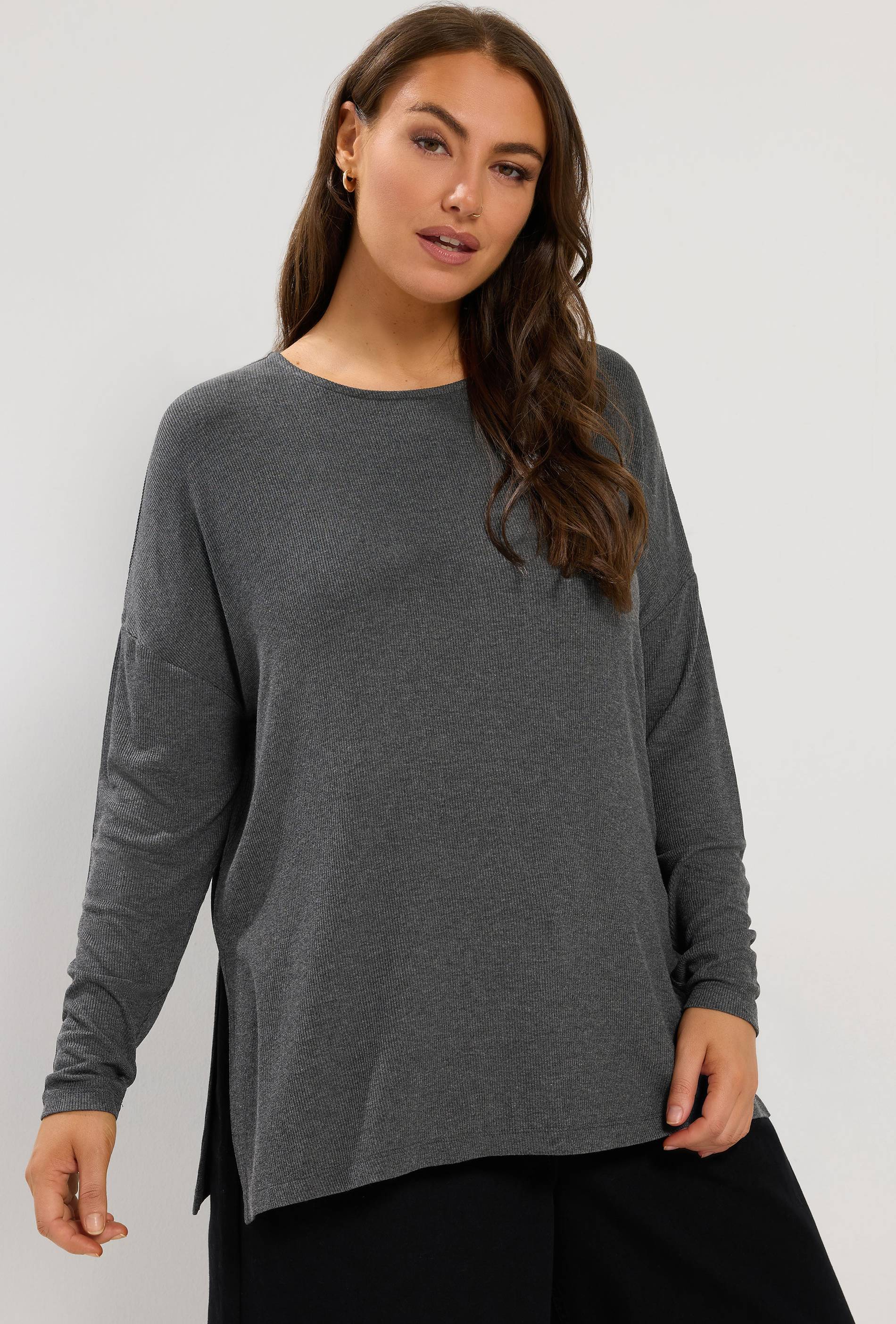 Yours Side Split Ribbed Top Grey
