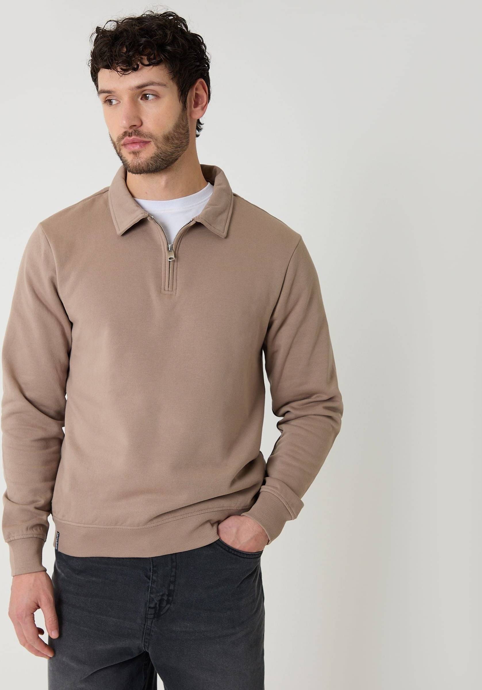 Threadbare Quarter Zip Collared Sweatshirt - Beige