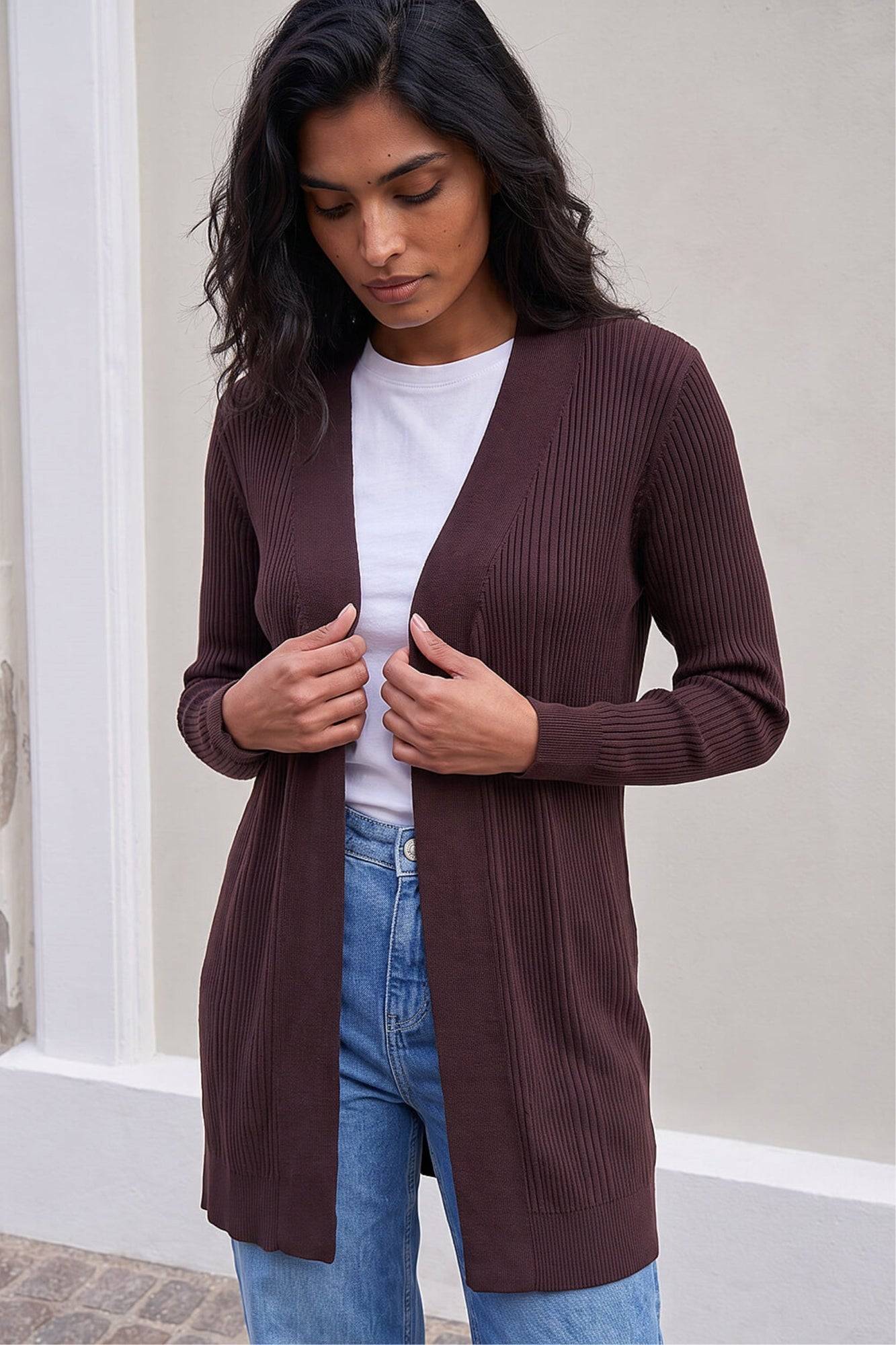Roman Ribbed Knit Cardigan - Brown