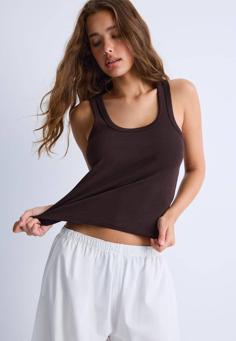 Stradivarius Cotton Rib Racerback Tank Top - Brown