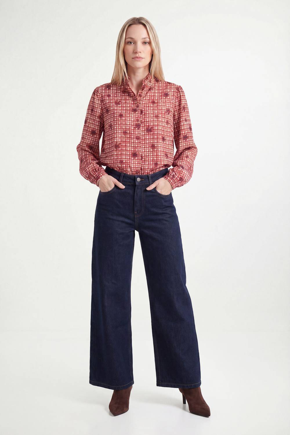 Wallis Petite Check Ruffle Collar Button Blouse - Rust