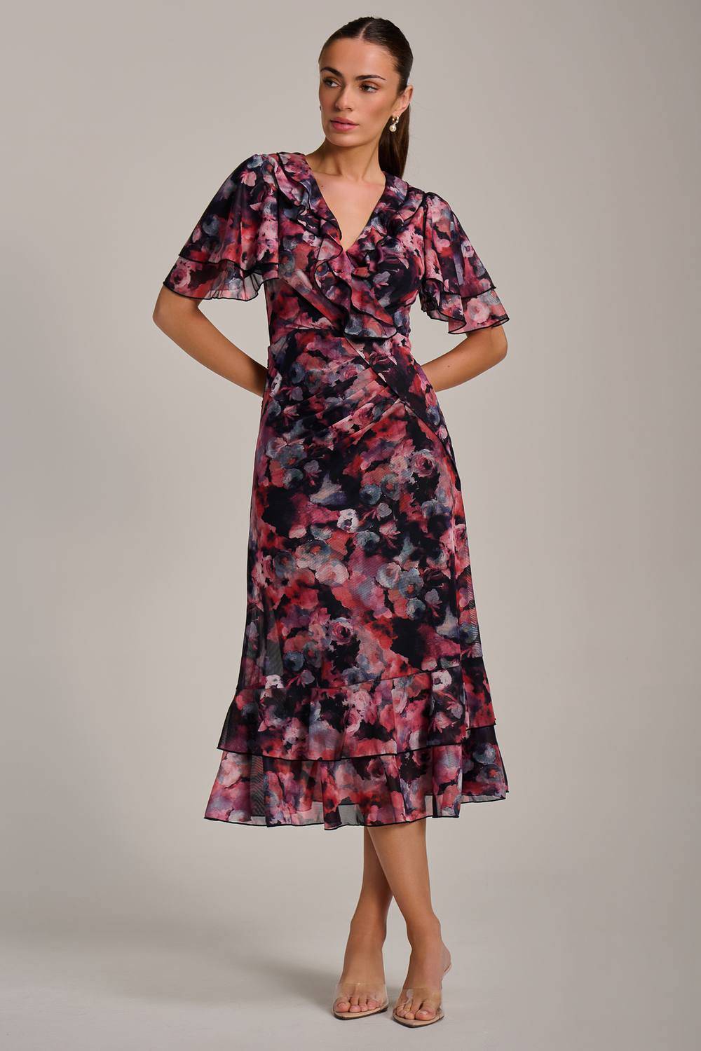 Jolie Moi Ruffle Detail Ruched Mesh Midi Dress - Multicolor