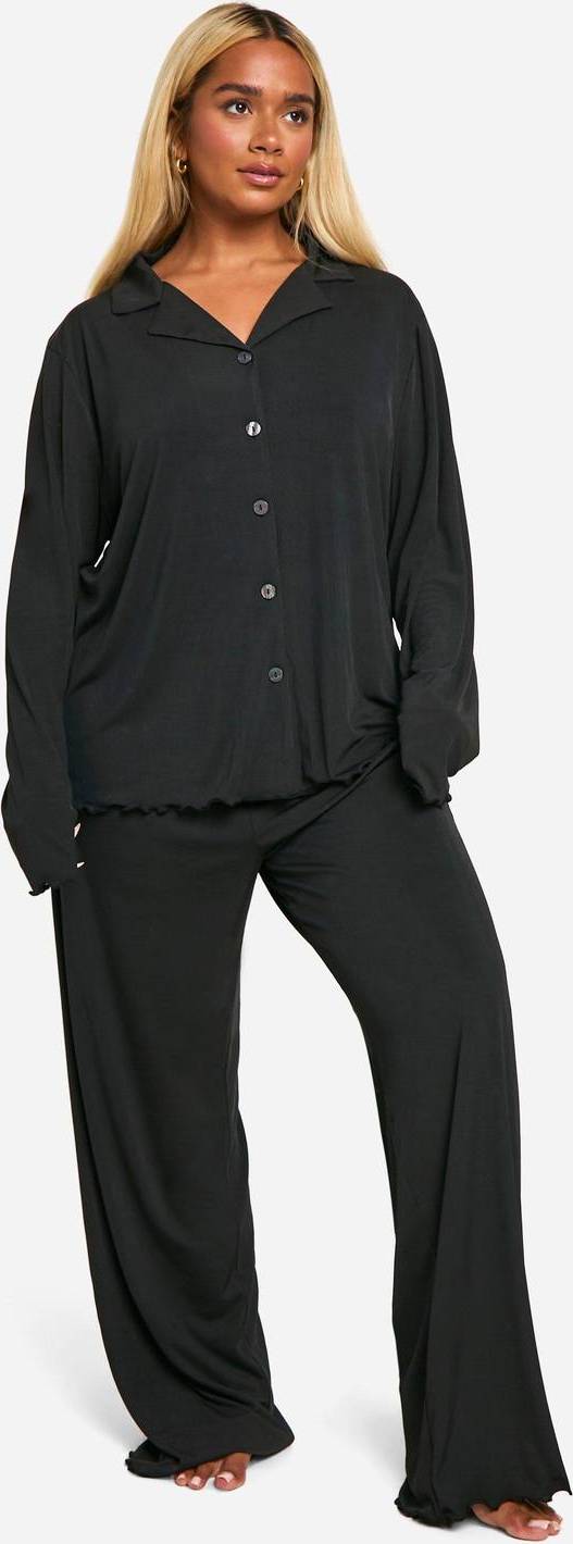 boohoo Plus Rib Button Front Trouser Pyjama Set - Black