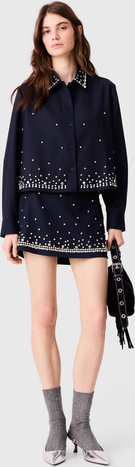 Maje Short Rhinestone Embroidered Shirt - Navy