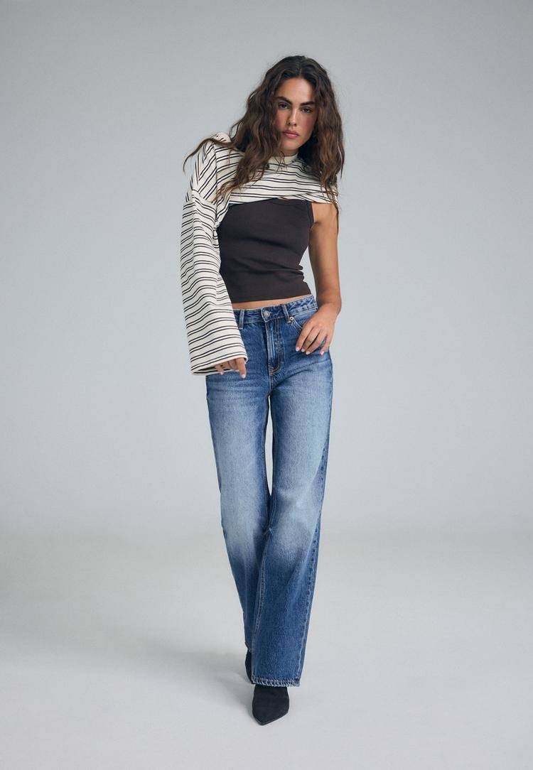 Stradivarius Ripped Straight Wide Jeans Rinse Blue Denim