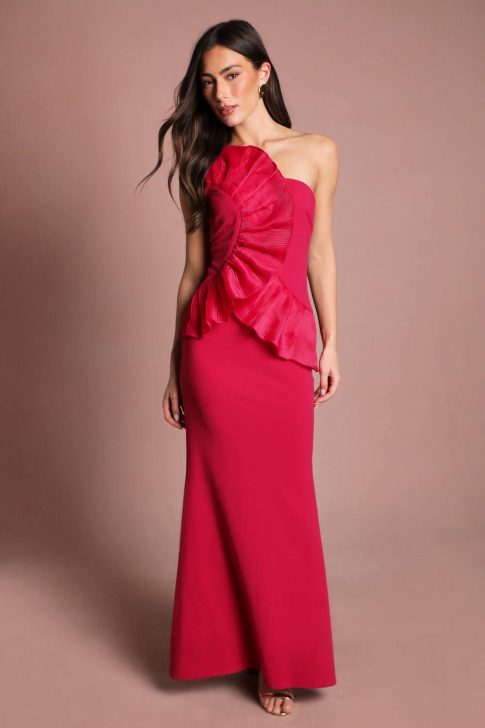 Coast Pleated Front One Shoulder Gown - Raspberry