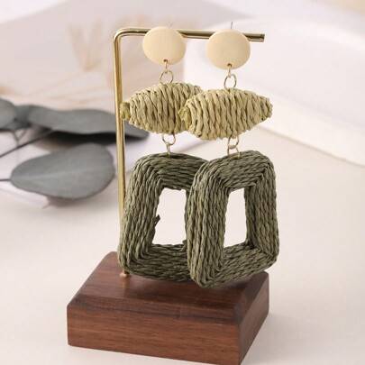 Shein Handmade Woven Paper Rope Earrings Geometric Patchwork Design Colorful Contrasting
