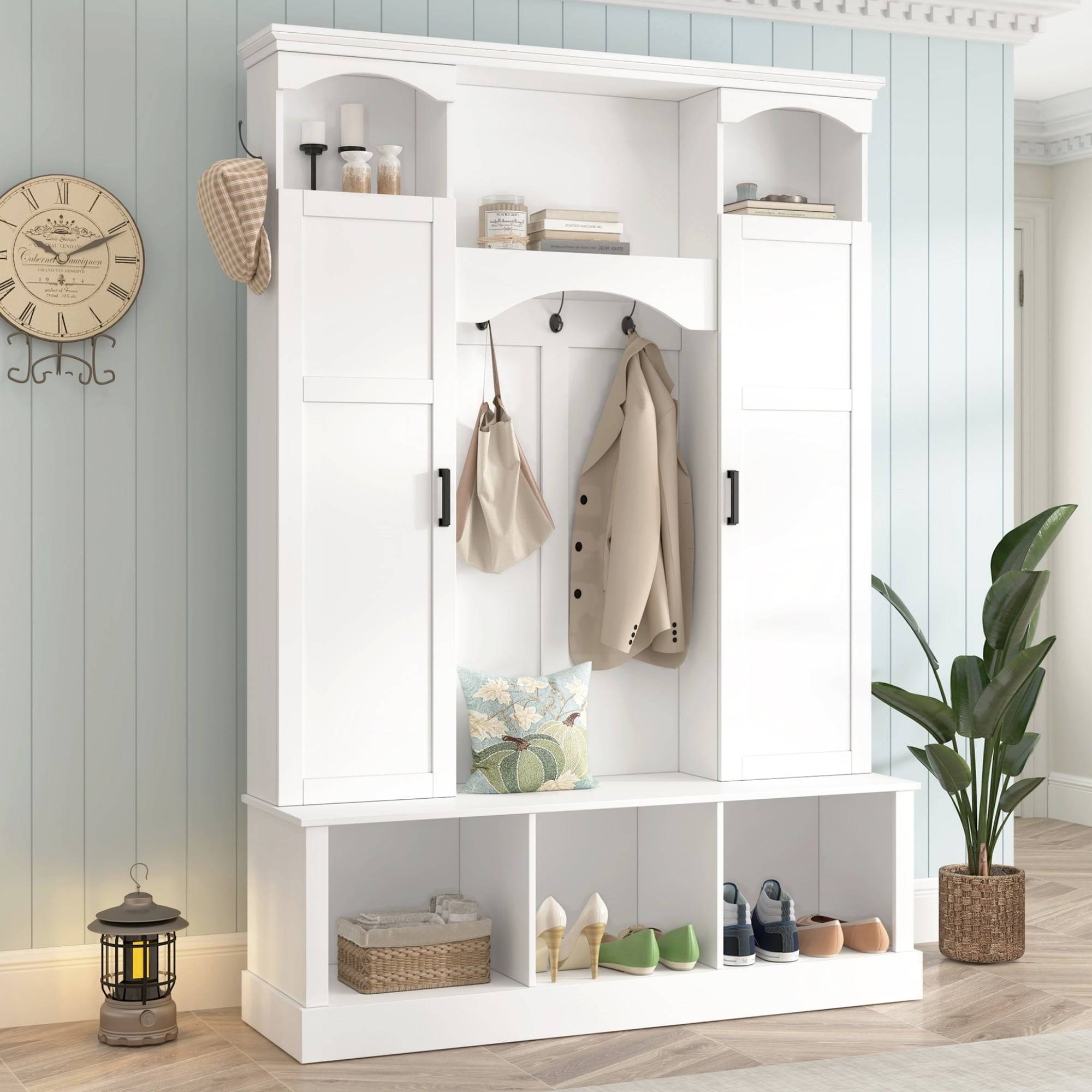 Coat rack shoe bench LOVMOR White Farmhouse Style Hall Tree with Bench Shoe Storage Coat Rack Shoe Rack