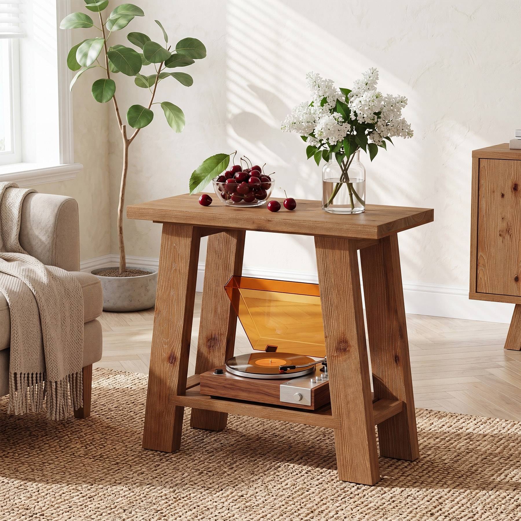 Rustic 2-Tier Solid Wood Side Table