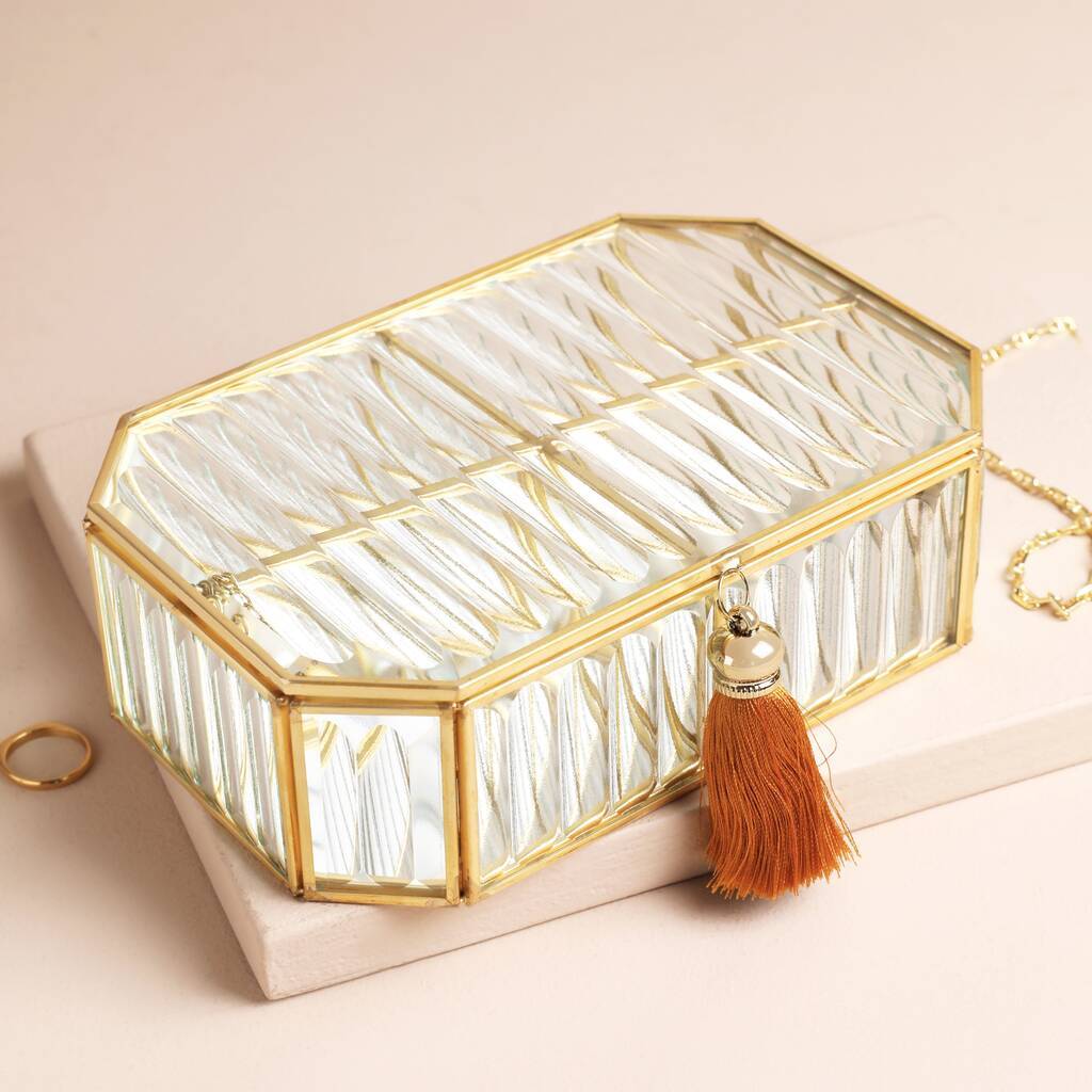 Large Ribbed Glass Jewellery Box - Gold
