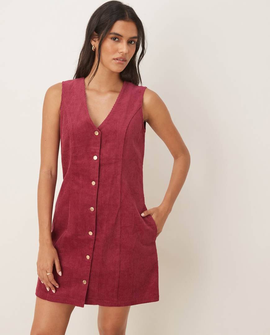 Threadbare Cord Button Front Mini Dress - Raspberry-Pink