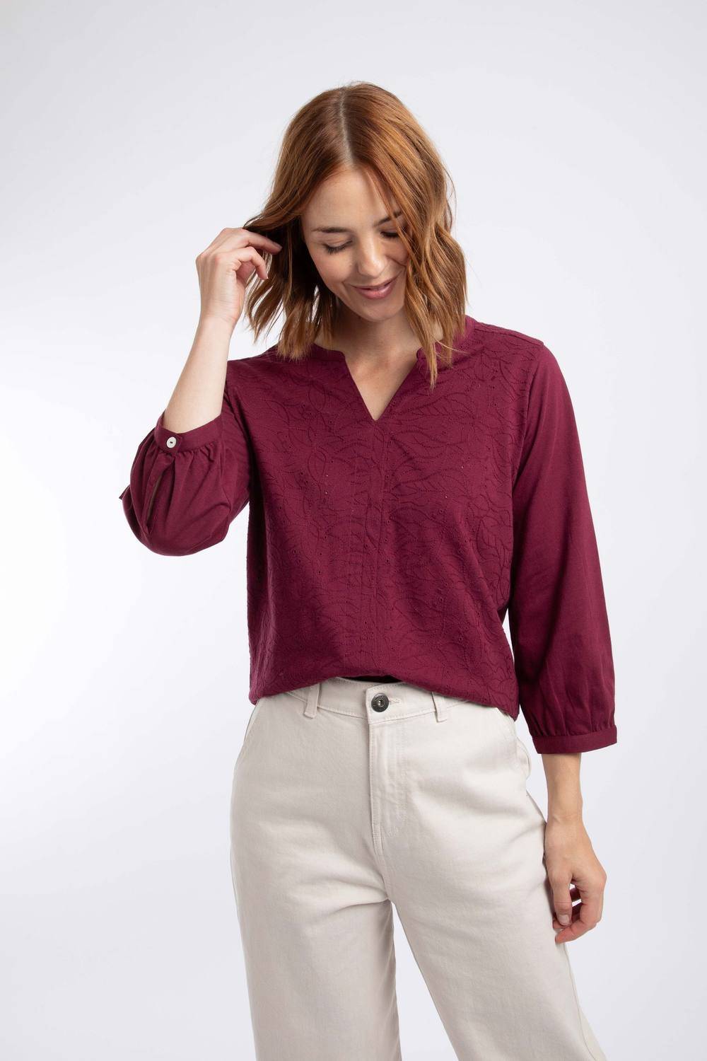 Raspberry 4 Weird Fish Mabel Broidery 3/4 Sleeve Top - Raspberry