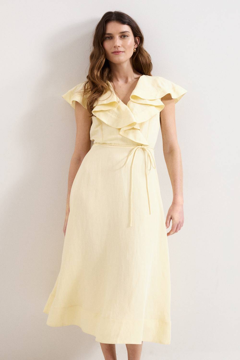 Phase Eight Matilda Ruffle Linen Midi Dress - Lemon