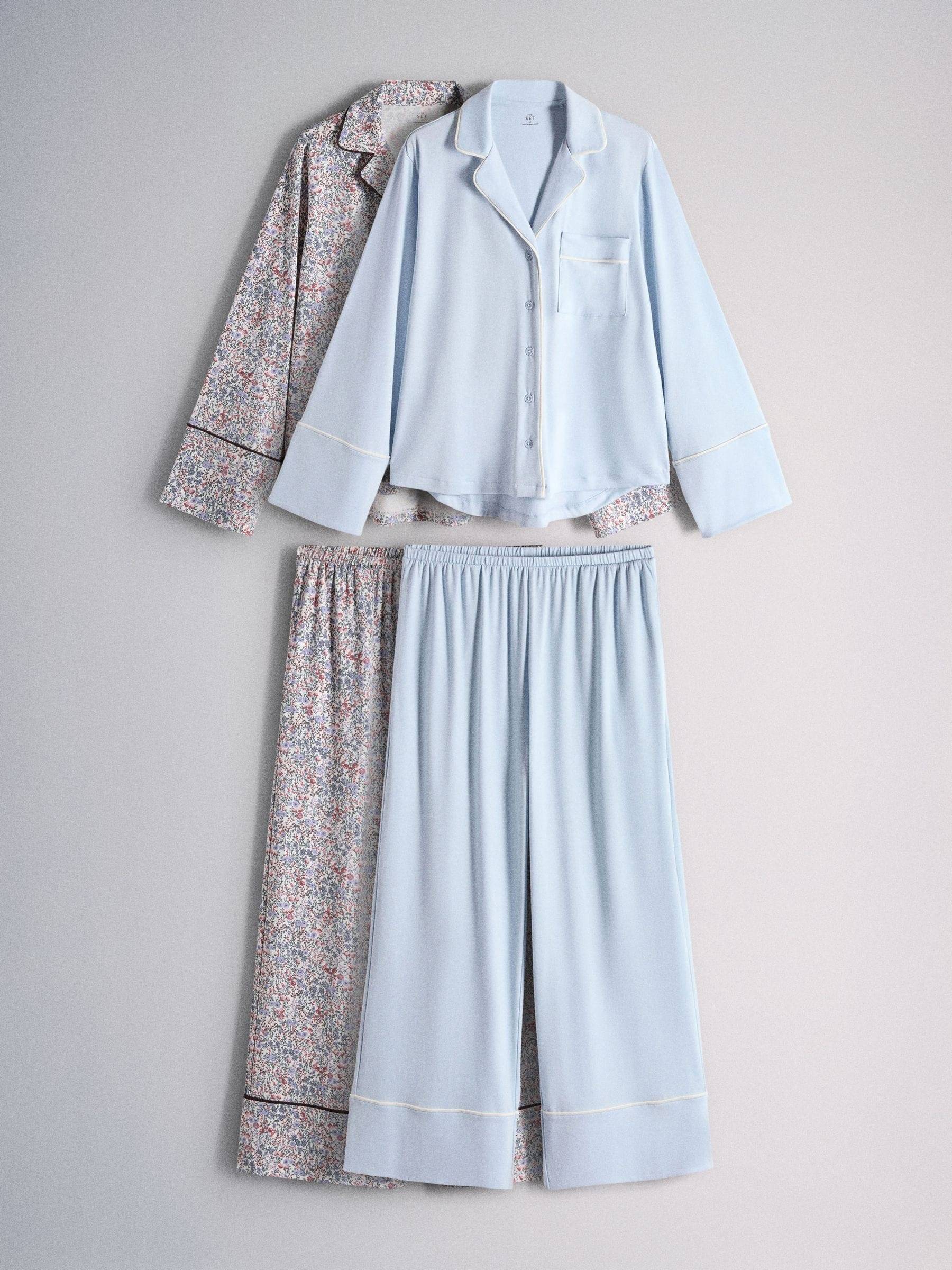 Viscose Blend Button Through Long Pyjamas 2 Pack