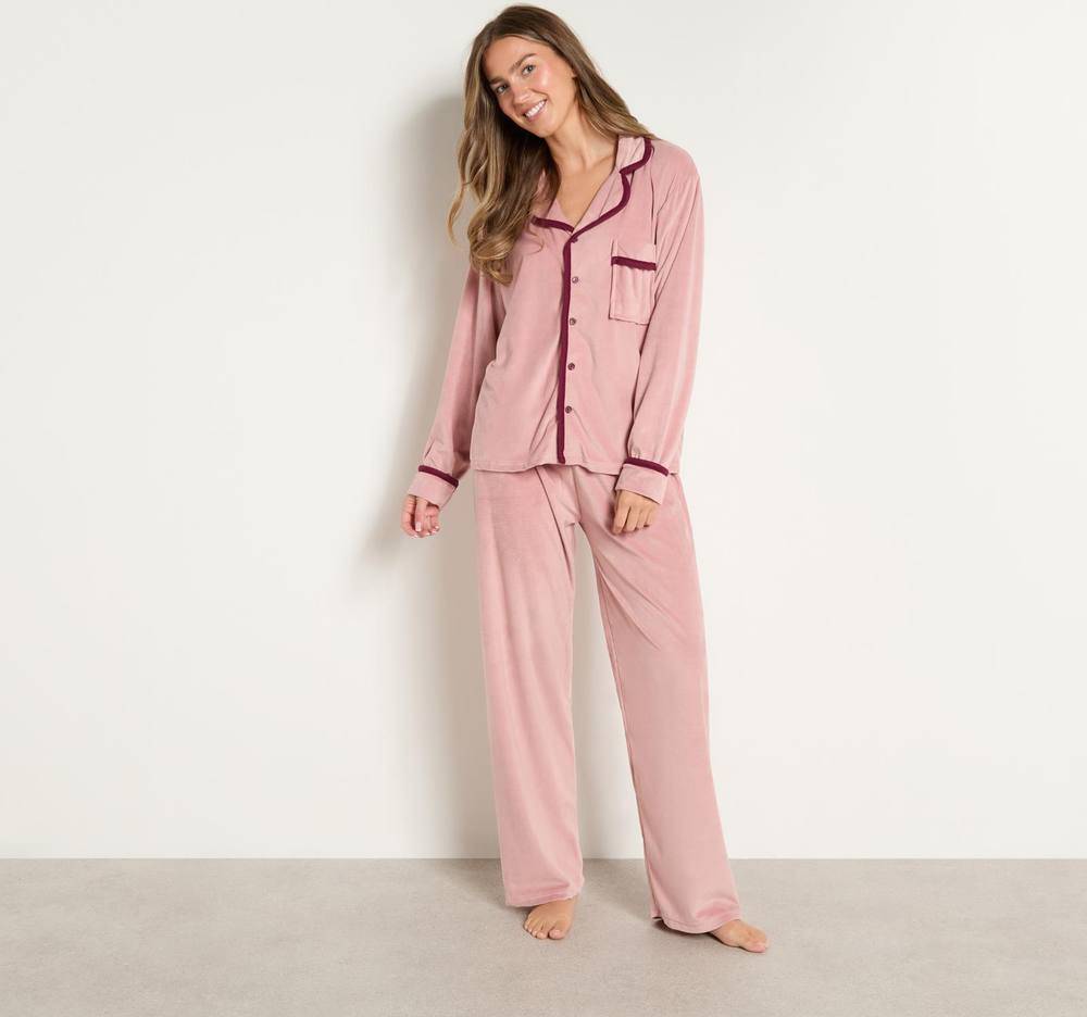 OHS Piped Edge Matte Velvet Button Through Pyjama Set - Pink