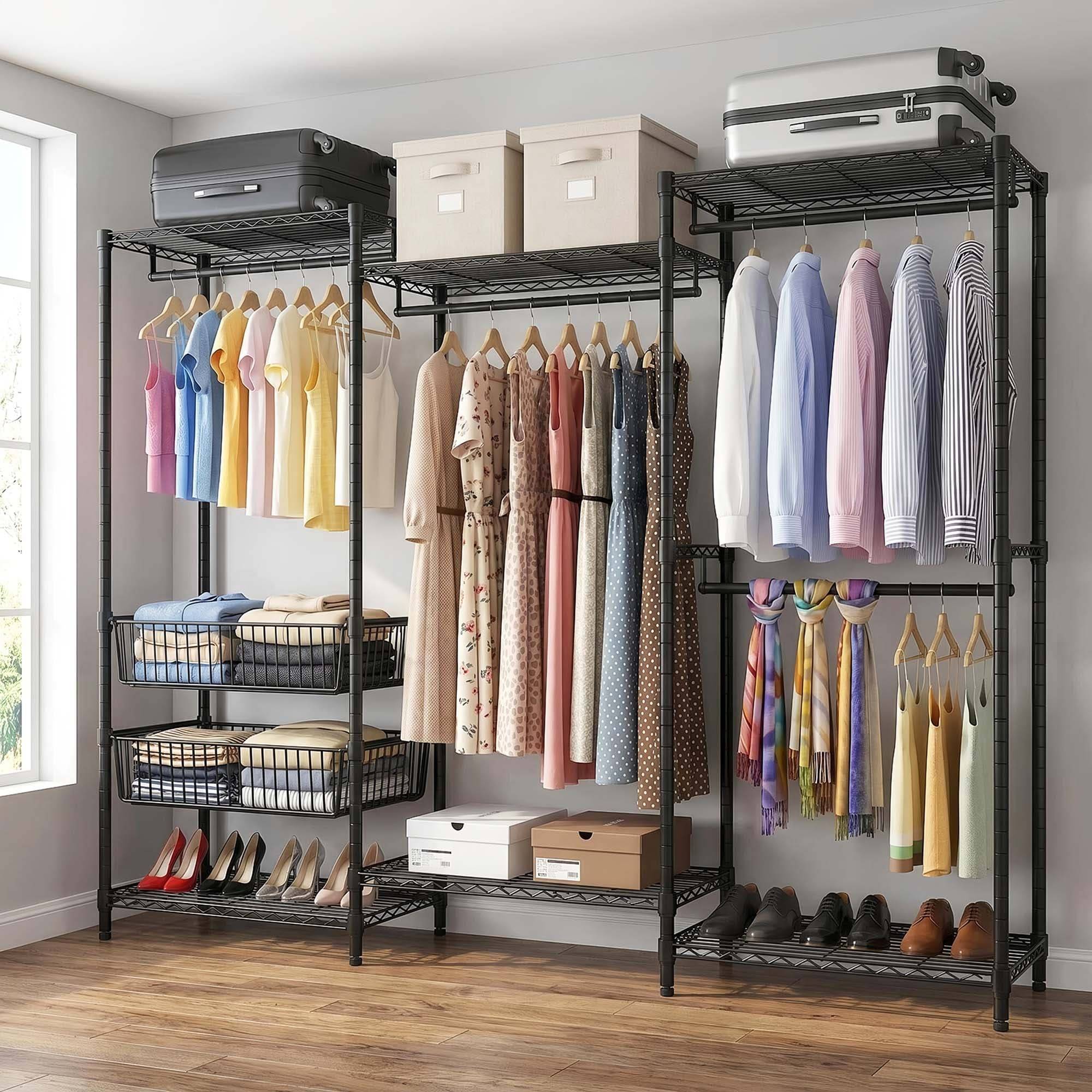 Wire storage racks Boyel Living Heavy Duty Clothes Rack Large With 4 Rods Wire Baskets Clothes Rack