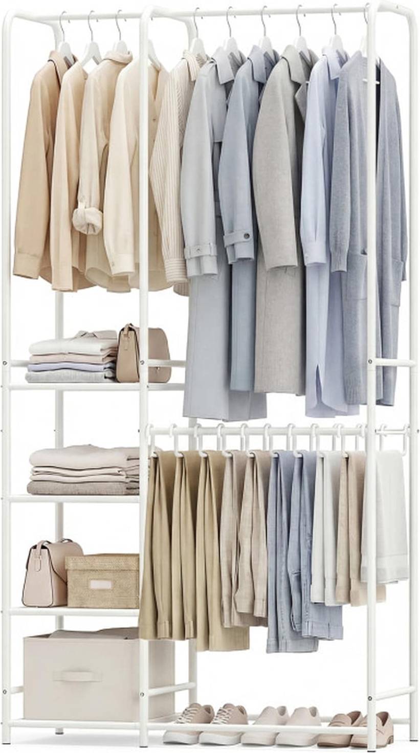 Portable wardrobe closet Sugift Portable Closet 2 Hanging Rods 4 Storage Shelves Clothes Rack