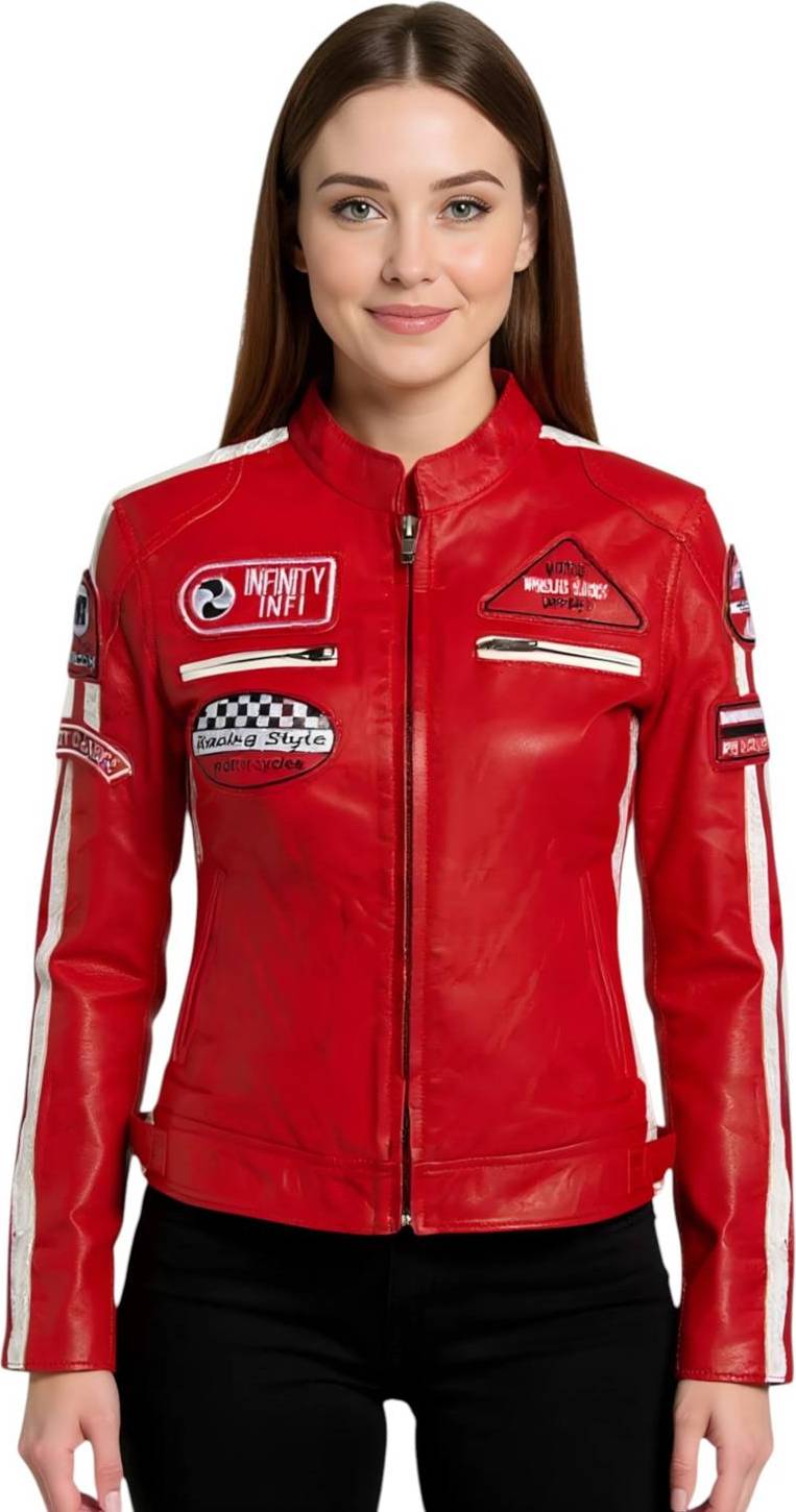 Infinity Leather Biker Racing Badges Jacket - Red
