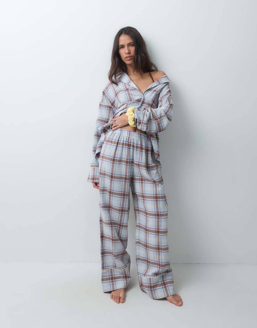 ASOS DESIGN Long Sleeve Woven Pyjama Set - Blue Check Pink