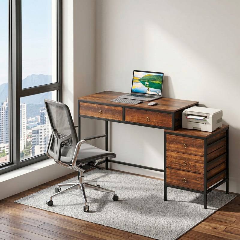 Computer desk with drawers Wellfor 51 Inch Computer Desk With 5 Drawers