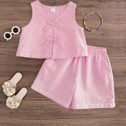 Shein Vävd Randig Rund Hals Topp Shorts Set - Rosa