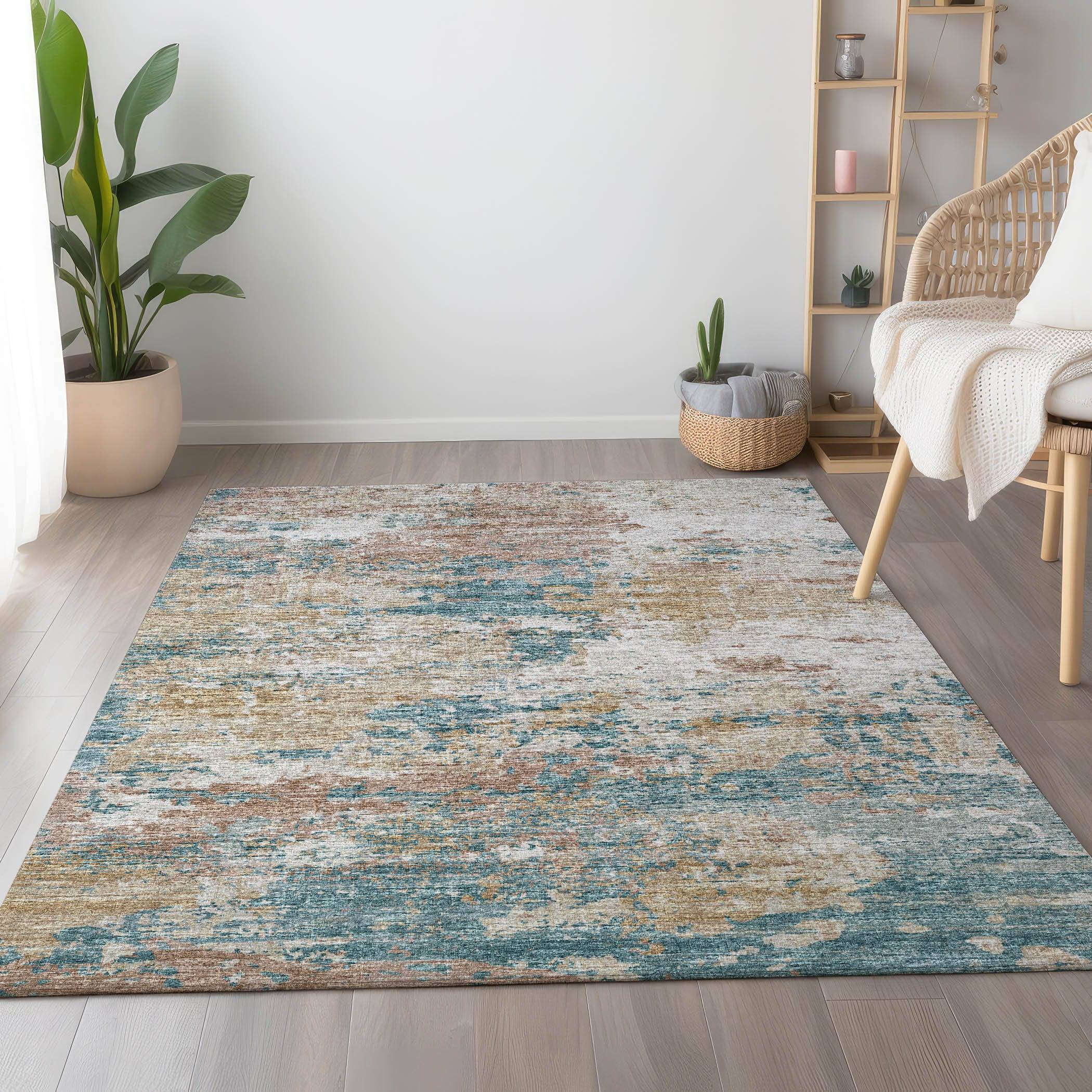 Addison Rugs Mayfield AMF69TE 10 x 14 ft Loomed Polyester Teal Rectangular Indoor Abstract Machine Beige, Turquoise