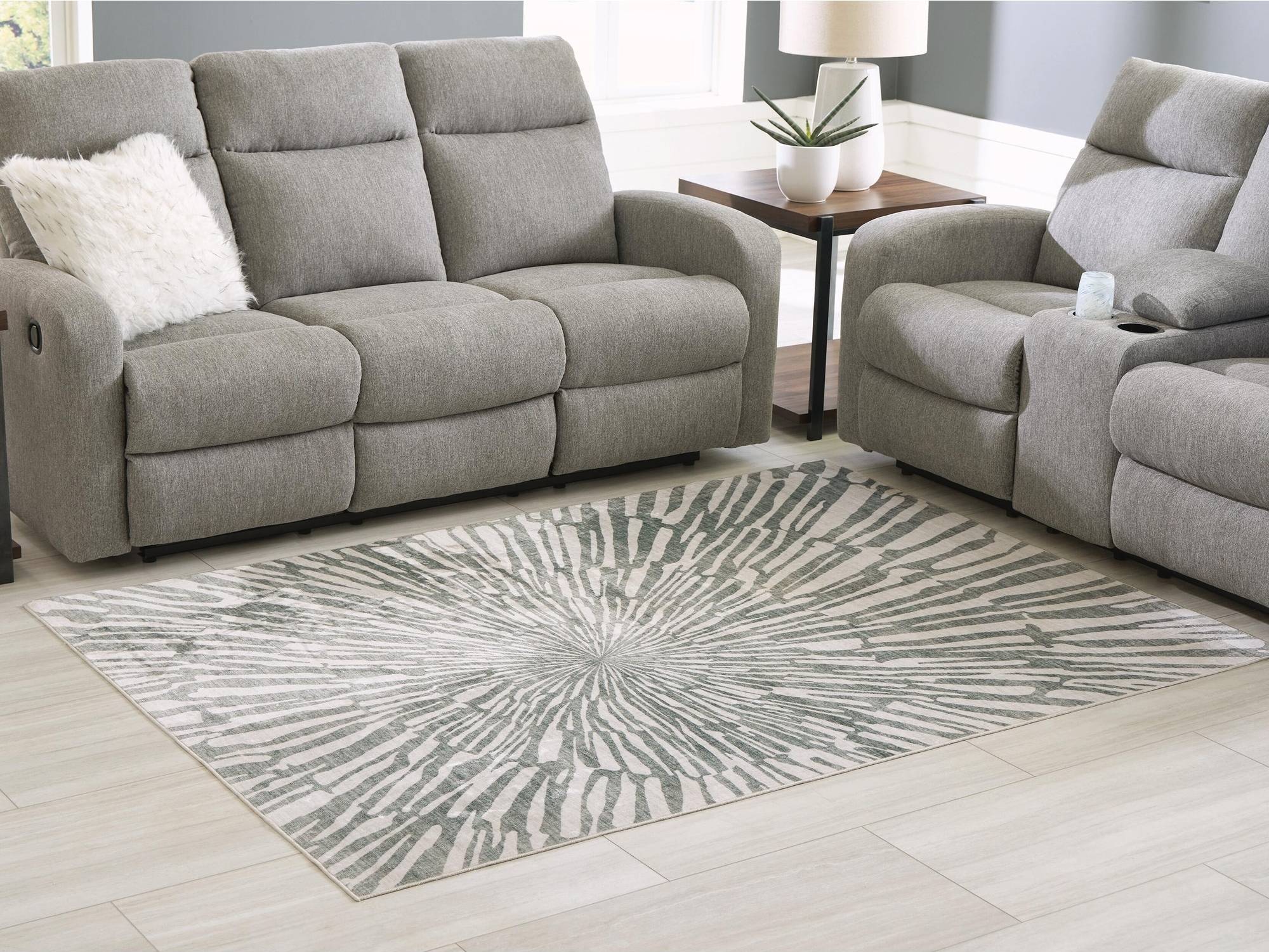 Signature Design by Ashley Rectangular Faux Fur Sunburst Pattern Gray Polyester Rug 5 x 7