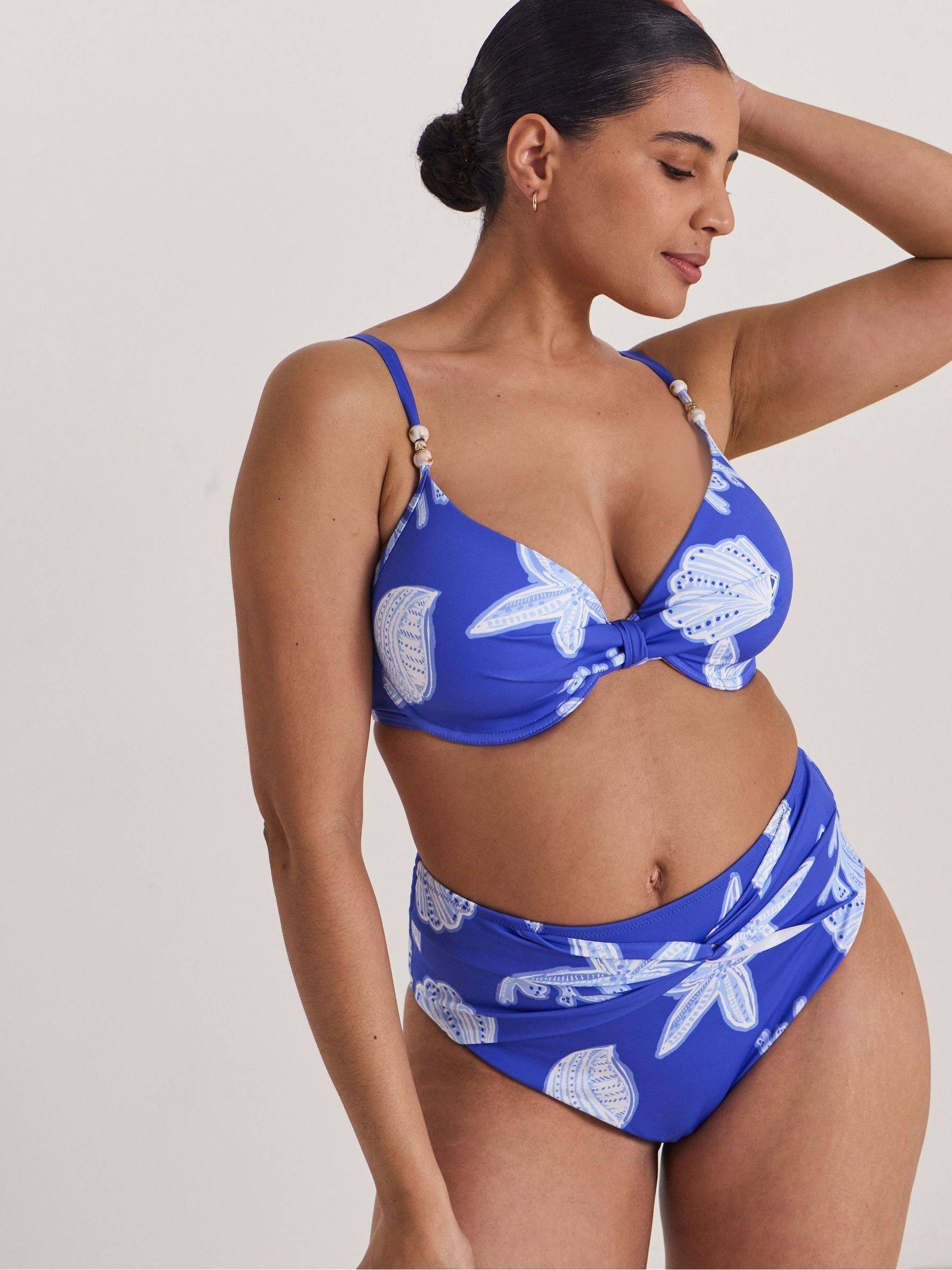 Underwired Shell Print Tummy Control Bikini Bottom - Blue