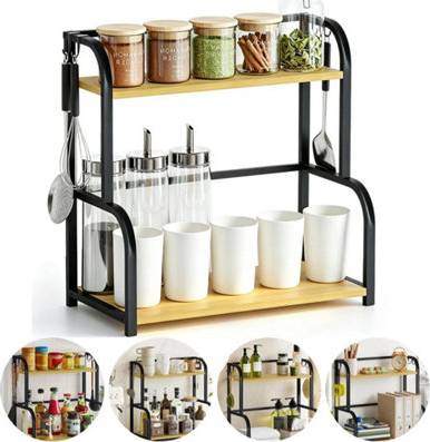 B&Q Kitchen Organiser Rack 2 Tier Rustic Wood Spice Shelf