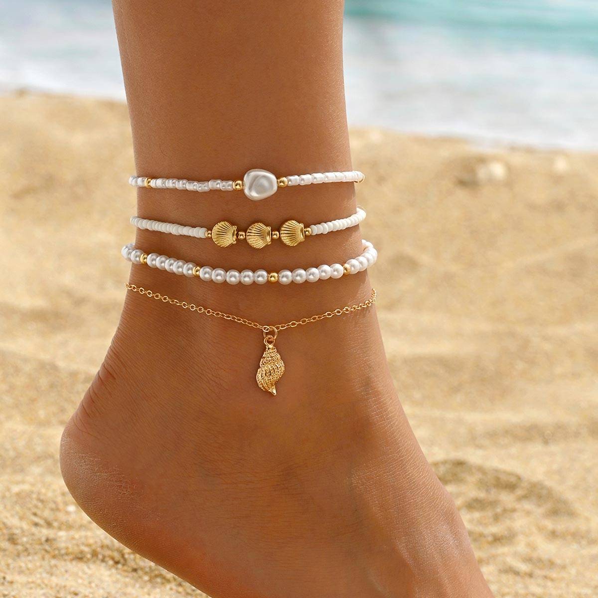 Modlily Golden Shell Alloy Beaded Anklet Set