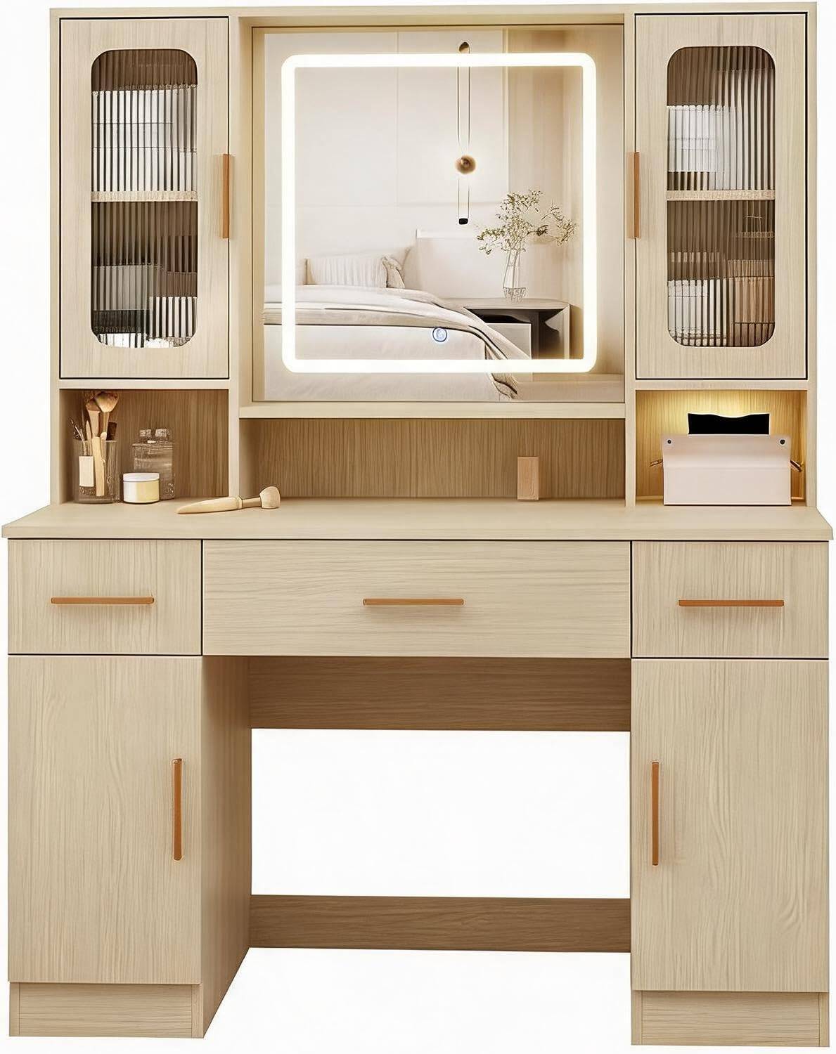 Makeup Vanity Table with LED Mirror Storage