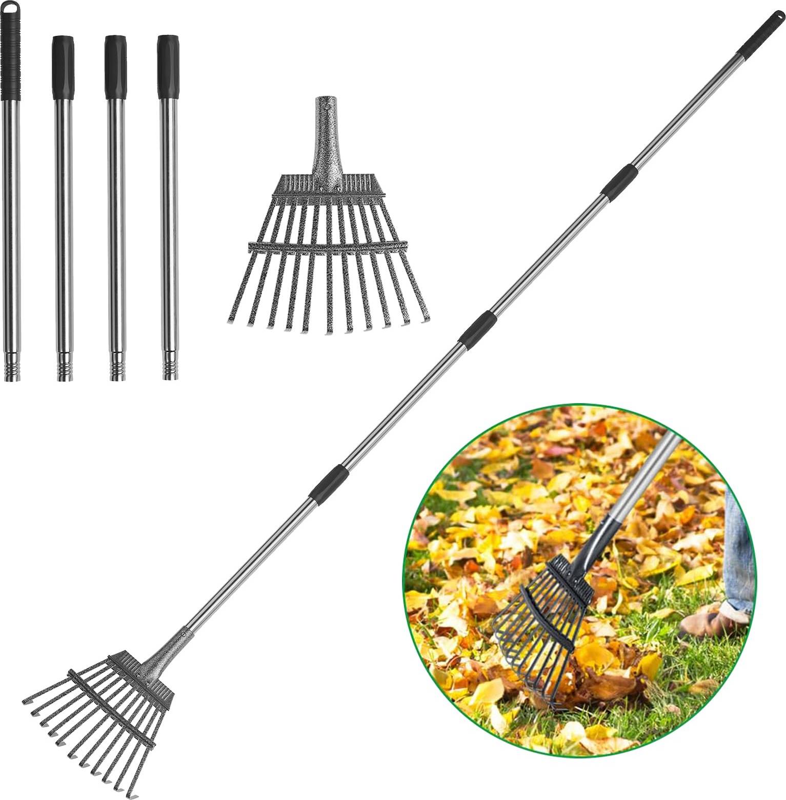 Leaf rake Itopfox Adjustable Leaf Rake 8 Inch Wide Metal Head