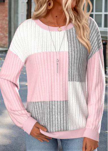Modlily Multi Color Long Sleeve Round Neck Rib Sweatshirt