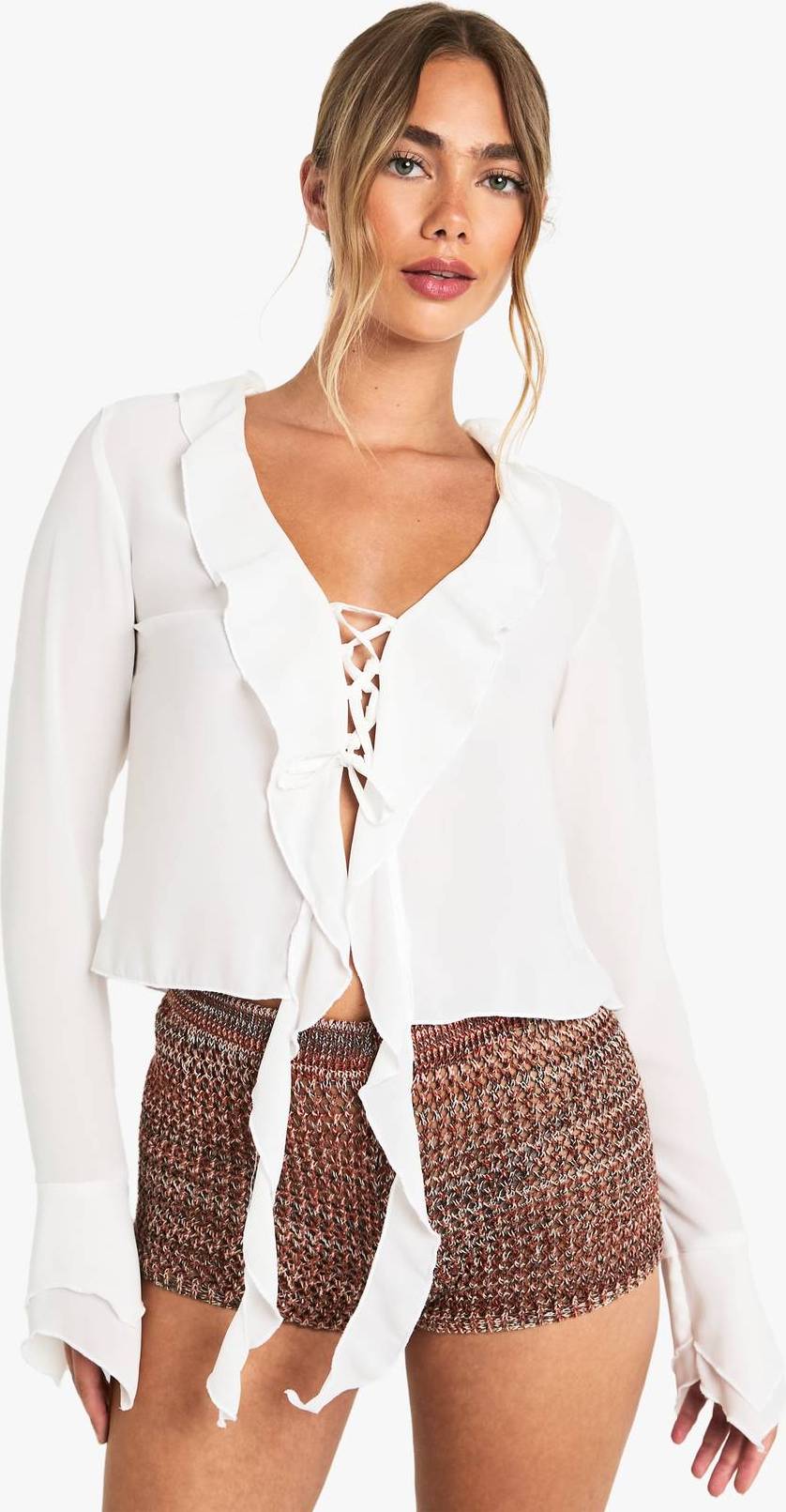 Chiffon Tie Front Ruffle Blouse