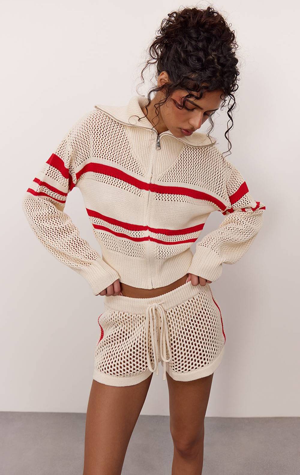 PrettyLittleThing Cream Drawstring Crochet Knit Mini Shorts